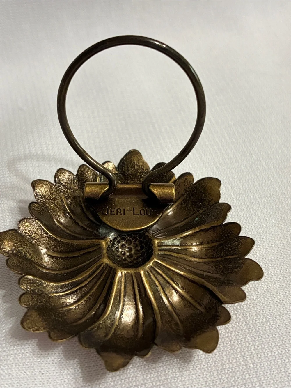 Vintage Jeri Lou Brass Flower Brooch with Coral Pink Cabochon